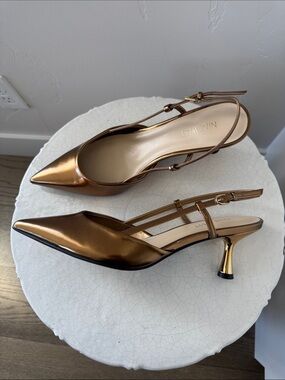 Nine West Metallic Bronze Pointed Toe Slingback Kitten Heels Pumps Size 9 NWOB